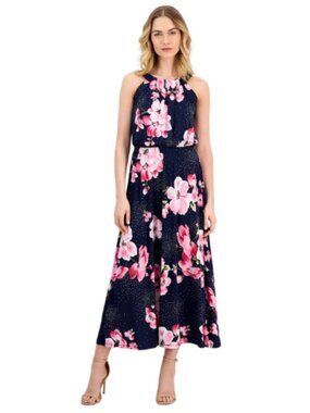 Signature by Robbie Bee Blue Pink Floral Halter Neck Maxi Dress Size SP